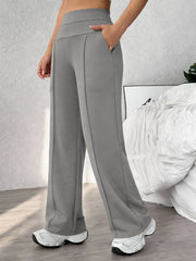 Women's Plain Loose Straight Leg Pants, Wide Leg High Waist Sporty Casual Sweatpants with Pockets, Comfortable Daily Wear Casual