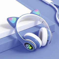 Flash Lamp Cute Cat Ears Headphone Bluetooth5.0 Stereo With Mic Support TF Card Wireless Kids Girl Earphone Birthday Gift