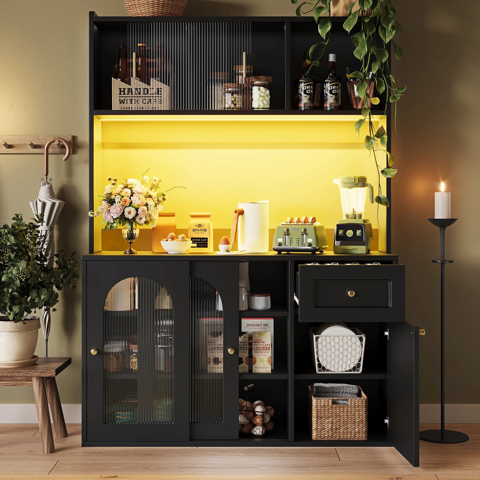 PINGGO Kitchen Cabinet Tall Cabinet Display Cabinet Buffet Cabinet with Adjustable Shelves Dining Room Cabinet with LED Lighting Kitchen & Dining Furniture