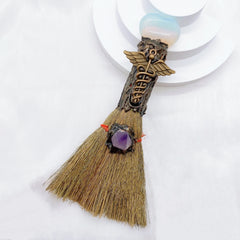 Natural Amethyst Crystal Love Heart Magic Broom Gem Crafts Home Decoration Reiki Healing Witch Broomstick Christmas Gift