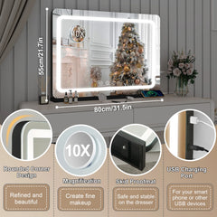 Extra Large Hollywood Vanity Mirror with LED Lights 3 Color Modes Touch Control Dimming Tabletop Lighted Makeup Mirror