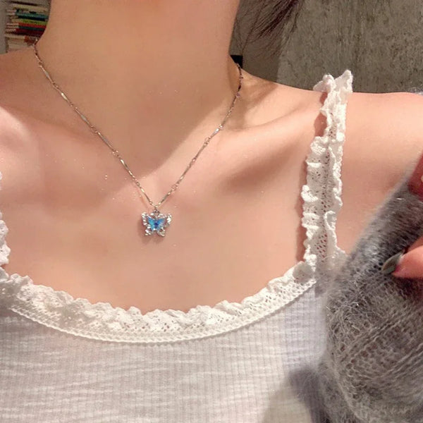 LATS Romantic Blue Crystal Butterfly Necklace Girls Simple Shiny Zircon Bilayer Choker Clavicle Chain New Fine Jewelry