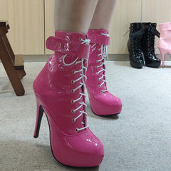 Sexy single boots Lace-Up 15cm High Thin heel 4CM platform ankle short boots Plus Size Padlocks Shoes