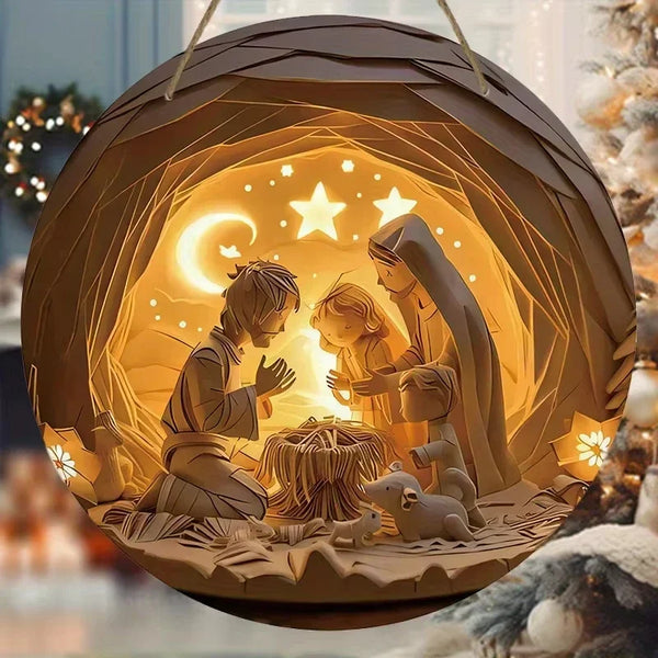 Virgin Mary Nativity Scene Metal Tin Sign with 2D Relief Effect of Jesus, Round, for Christmas.
