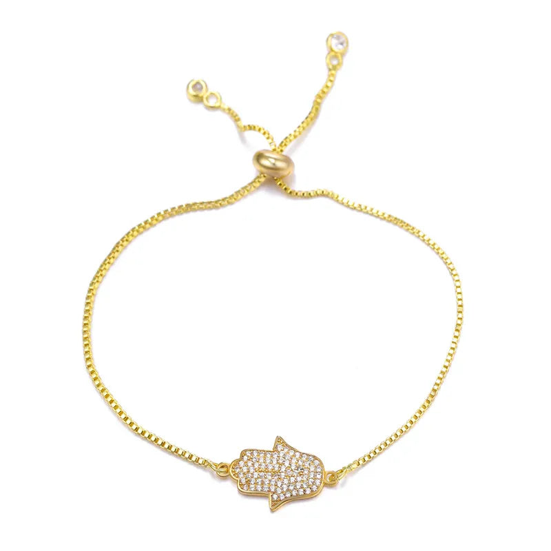 Juya 18K Real Gold Plated Adjustable Chains Multicolor Zirconia Hamsa Fatima Enamel Greek Evil Eye Charms Bracelets For Women