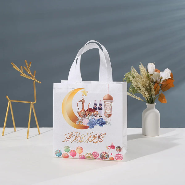 4/8pcs Ramadan Candy Bags with Handle Moon Ramadan Kareem Gift Bags for Eid Party Decorations Eid al Fitr Non-Woven Tote Bags