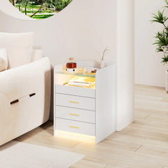 Wooden Bedside Table Charging Station Nightstands Light Strip for Sofa Side Bedroom Living Room UK Plug Home Bedroom Furniture