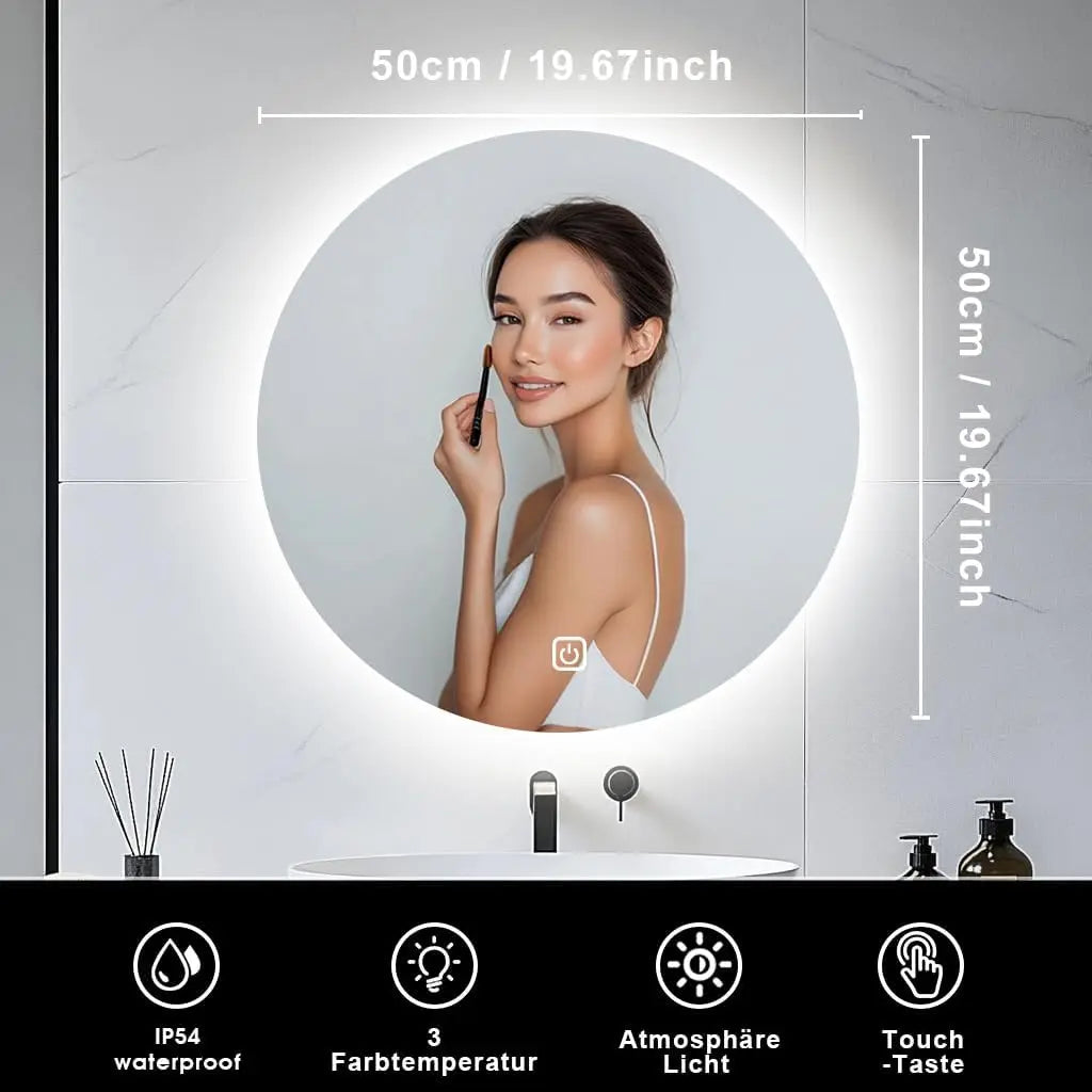 Round LED Bathroom Mirror For Over Sink 50CM Electric Vanity Mirror Backlit Lights Shower Shaving Wall Mounted IP54 Hardwired