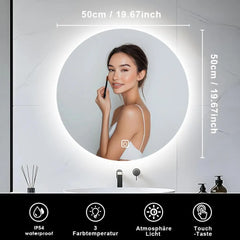 Round LED Bathroom Mirror For Over Sink 50CM Electric Vanity Mirror Backlit Lights Shower Shaving Wall Mounted IP54 Hardwired