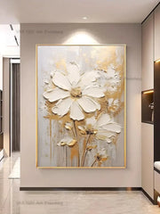 Nordic Handpainted Gold White Flower Oil Wall Art Home Decor
