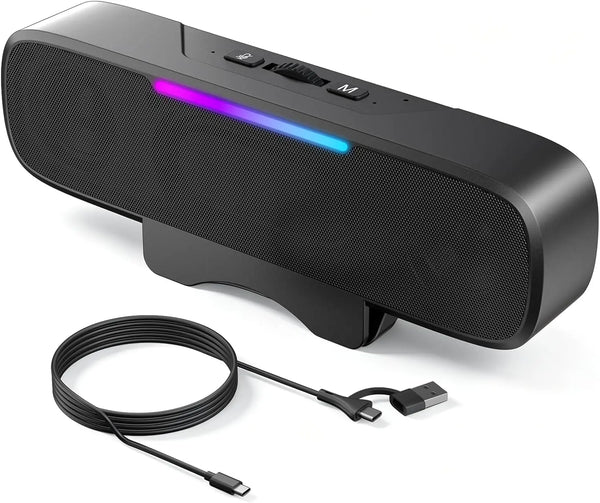 USB & Bluetooth Speaker Bar for PC USB Powered with Speakerphone and Bluetooth for Connection to Smartphones, Clamps to Monitors