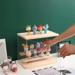 Clear Acrylic Figure Display Cabinet With Solid Wood Step Stand for Blind Box Toy, Cosmetic, Souvenir Display Box With Light Kitchen & Dining Furniture