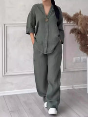 Women’s Cotton Linen 2-Piece Set – Blouse & Wide Leg Pants