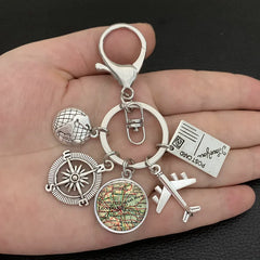 New ideas Earth plane keychain pendant earth compass personality memorial key ring gift for travel lovers