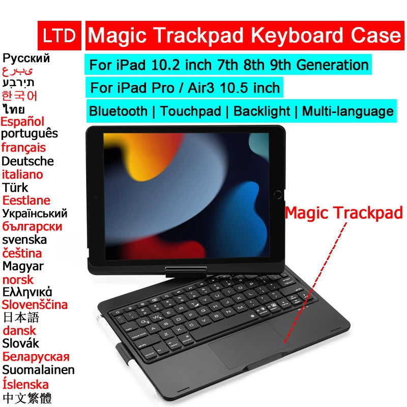 Bluetooth Magic Keyboard Case For iPad 7 8 9 Generation 10.2 Pro Air 3 10.5 Tablet Case Turkish Arabic Spanish Korean Keyboard