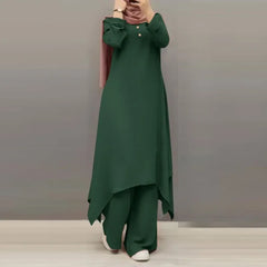 Spring Autumn Hot Sale Of The Season New Muslim Women's Clothing Set Middle East Solid Color round Neck Button Long Sleeve Wide