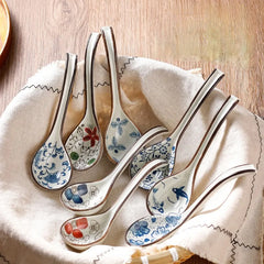 Soup Spoons Japanese Ceramic Kitchen Tableware Creative Retro Long-Handled Bone China Eating Scoop Dinnerware Stirring Teaspoon Kitchen Tools, Cooking Utensils