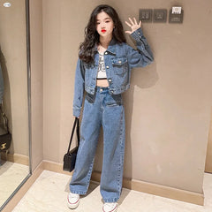 Spring and Autumn New Girls Autumn Clothing Denim Fashionable Korean Style Fried Street Wide-Leg Pants Two-Piece Set