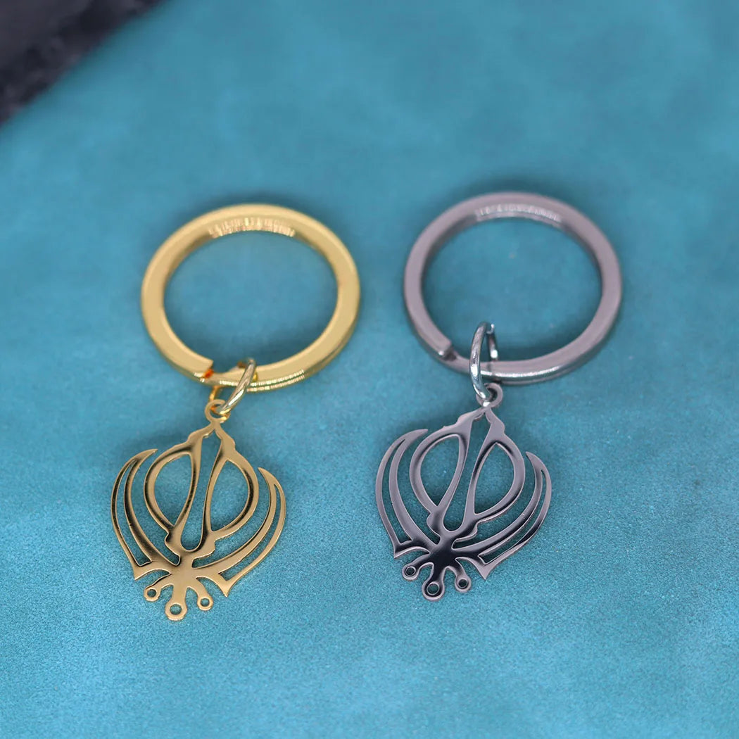 Geometric Hollow Out Khanda Pendant Stainless Steel Gold Plated Keychain For Men Women Sikhism Key Chains Amulet Jewelry Gift