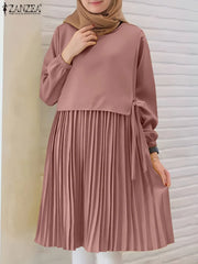 ZANZEA Women Chic Long Tops Islamic Muslim Fashion Hijab O-Neck Wrapped Pleated Hem Blouses Modest Tied Long Sleeve Solid Tunics