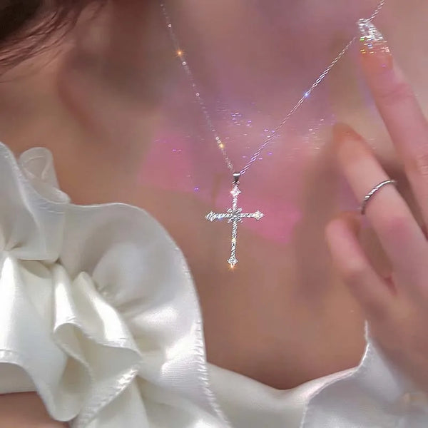 Shiny Crystal Zircon Cross Pendant Necklace Girls Punk Silver Color Thin Chain Necklace Party Jewelry Birthday Gift