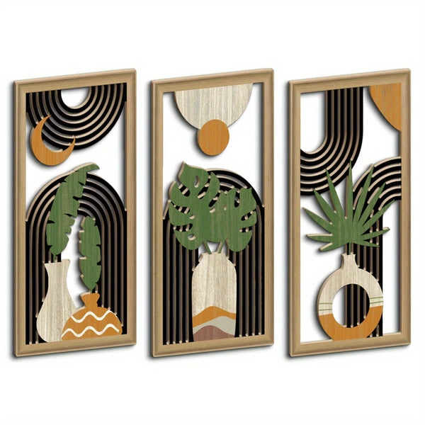 3pcs Boho style Hollow Wood Retro Rustic Leaf Pattern Wall Hanging Art Living Room Bedroom Wall Hanging Home Decoration