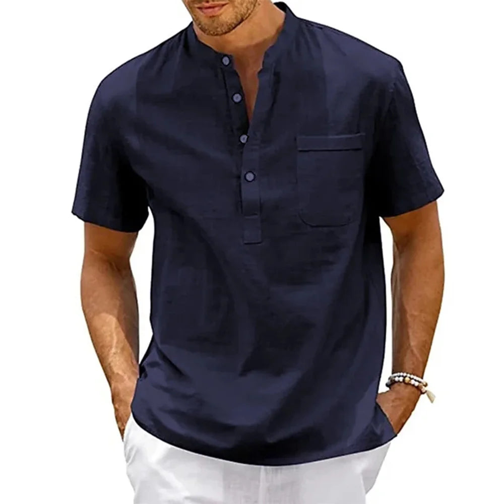 Men’s Cotton Linen Henley Shirt – Casual Short Sleeve Top