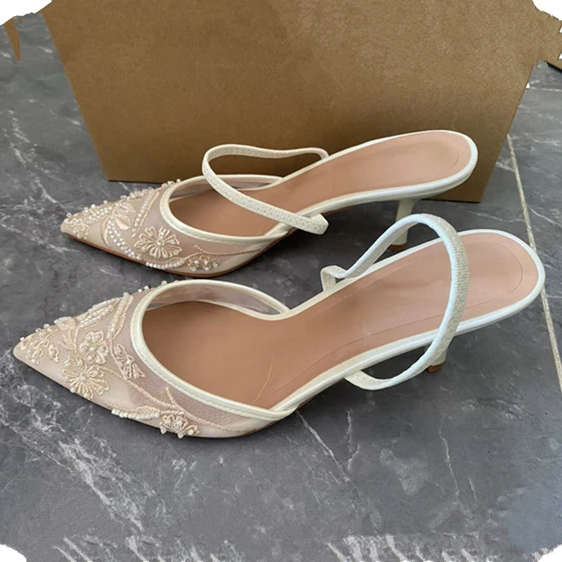Women's Mesh Floral Embroidered Slingback High Heels Female Open Heel Pearl Studded Pointed Toe Sandals Sexy Stiletto Lady Shoes