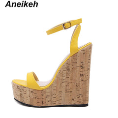Aneikeh Fashion Shoes Woman Open Toe Platform Wedge Sandal for Woman Cutouts Super High Ankle Strap Gladiator Shoes Summer Heels