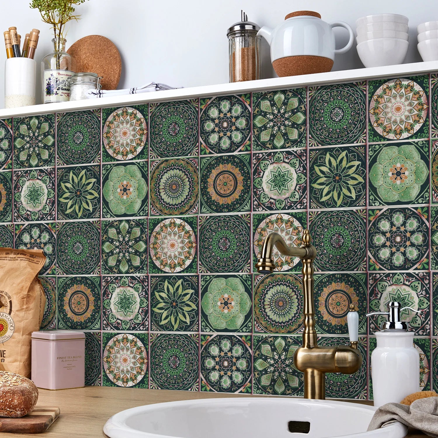 24 pieces of Mandala Retro Pattern Glossy Self-adhesive Tile Stickers for Kitchen and Bathroom Removable Waterproof Wall Sticker Home Decor