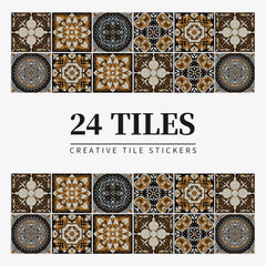 24 pieces of Mandala Retro Pattern Glossy Self-adhesive Tile Stickers for Kitchen and Bathroom Removable Waterproof Wall Sticker Home Decor