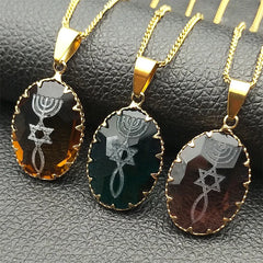 Menorah Star David Jewish Magen Judaica Hebrew Glass Necklace for Women Men Stainless Steel Israel Faith Lamp Hanukkah Jewelry