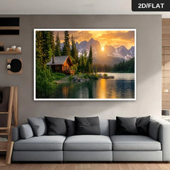 Frameless Modern Rustic wooden houses are set in a lush forest on the shores of a peaceful lake Wall art Canvas Painting Art for