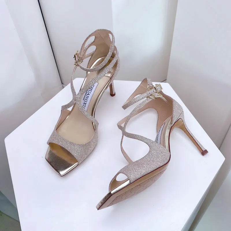 luxury Sequined women Gladiator Sandals Summer Designer shoes For Women 2025 Square Head Hollow High Heels Fashion Ladies Shoes