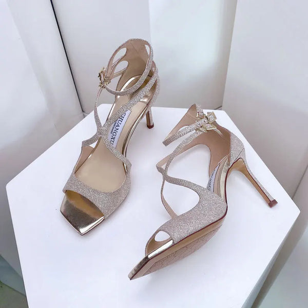 luxury Sequined women Gladiator Sandals Summer Designer shoes For Women 2025 Square Head Hollow High Heels Fashion Ladies Shoes