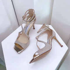 luxury Sequined women Gladiator Sandals Summer Designer shoes For Women 2025 Square Head Hollow High Heels Fashion Ladies Shoes
