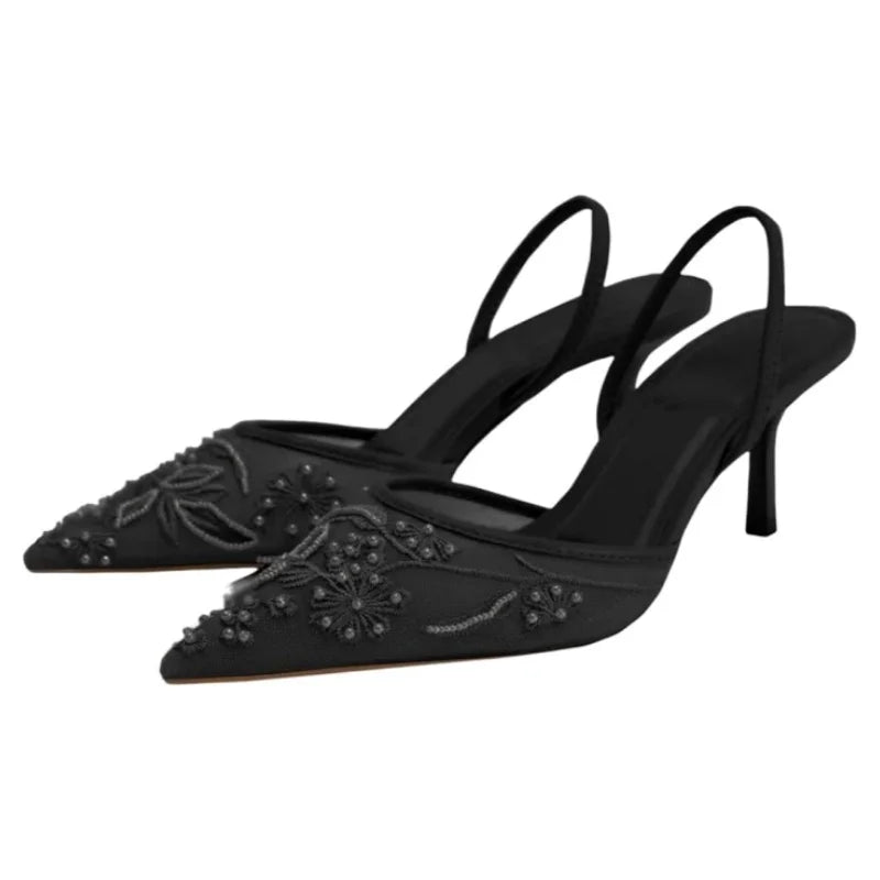 Women's Mesh Floral Embroidered Slingback High Heels Female Open Heel Pearl Studded Pointed Toe Sandals Sexy Stiletto Lady Shoes