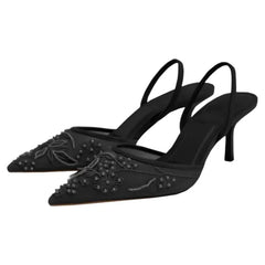 Women's Mesh Floral Embroidered Slingback High Heels Female Open Heel Pearl Studded Pointed Toe Sandals Sexy Stiletto Lady Shoes