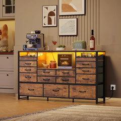 TV Stand for 55 60 65 inch TV Entertainment unit with LED Lights Charging Station Media Console Table with 15 Fabric Drawers Living Room Furniture