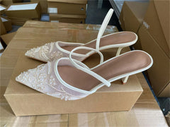 Women's Mesh Floral Embroidered Slingback High Heels Female Open Heel Pearl Studded Pointed Toe Sandals Sexy Stiletto Lady Shoes