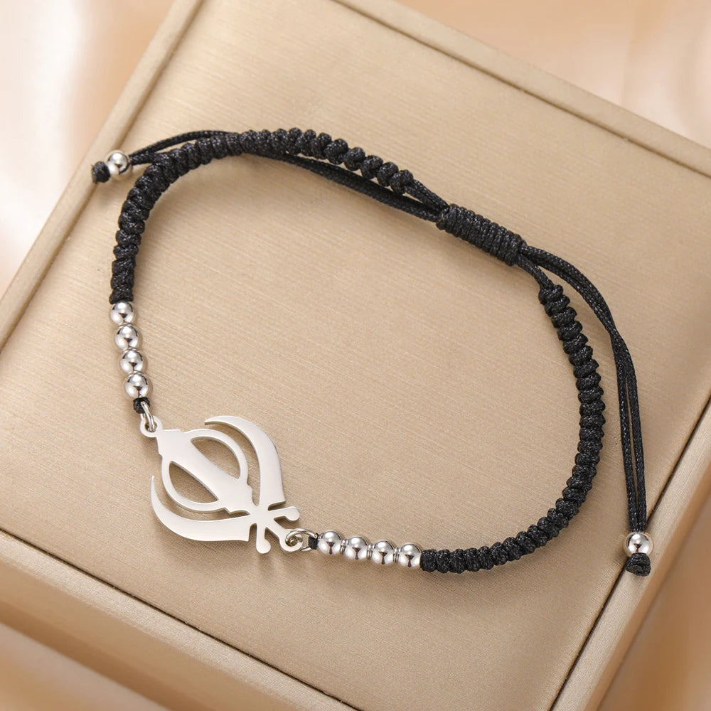 Dawapara Sikh Religious Symbol Khanda Bracelet Sikhism Sword Protection Amulet Stainless Steel Beads Bracelet Couple Gift