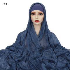 Ramadan Crinkle Rayon Hijabs with Cap Muslim Hijabs for Women Shawls Solid Instant Headscarf Wraps Stripe Islamic Turban Foulard