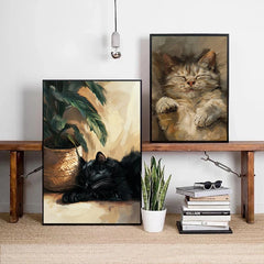 Lazy Playful Cute Afternoon Cat Sleeping Art Oil Painting Poster Canvas Printing Home Homestay Wooden House Wall Decor Painting