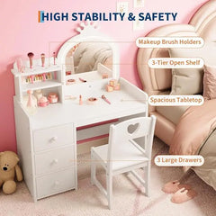 Kids Vanity Desk with Mirror and Lights, White Princess Wooden Makeup, Storage Shelves and Drawers, 2-in-1 Girls Dressing Table Bedroom Furniture