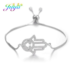 Juya 18K Real Gold Plated Adjustable Chains Multicolor Zirconia Hamsa Fatima Enamel Greek Evil Eye Charms Bracelets For Women