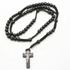 Christ Jesus Wooden Beads 8mm Rosary Bead Cross Pendant Woven Rope Chain Necklace Religious Orthodox Praying Jewelry Chain Decor