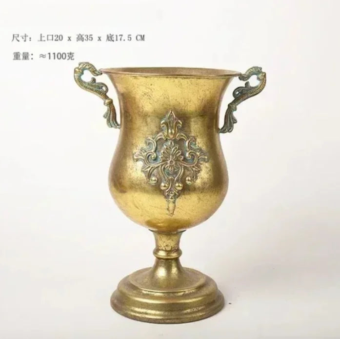 Vintage High Foot Iron Vase Classical Living Room Dry Flower Arrangement Accessories Creative Home Metal Flower Pot Decoration