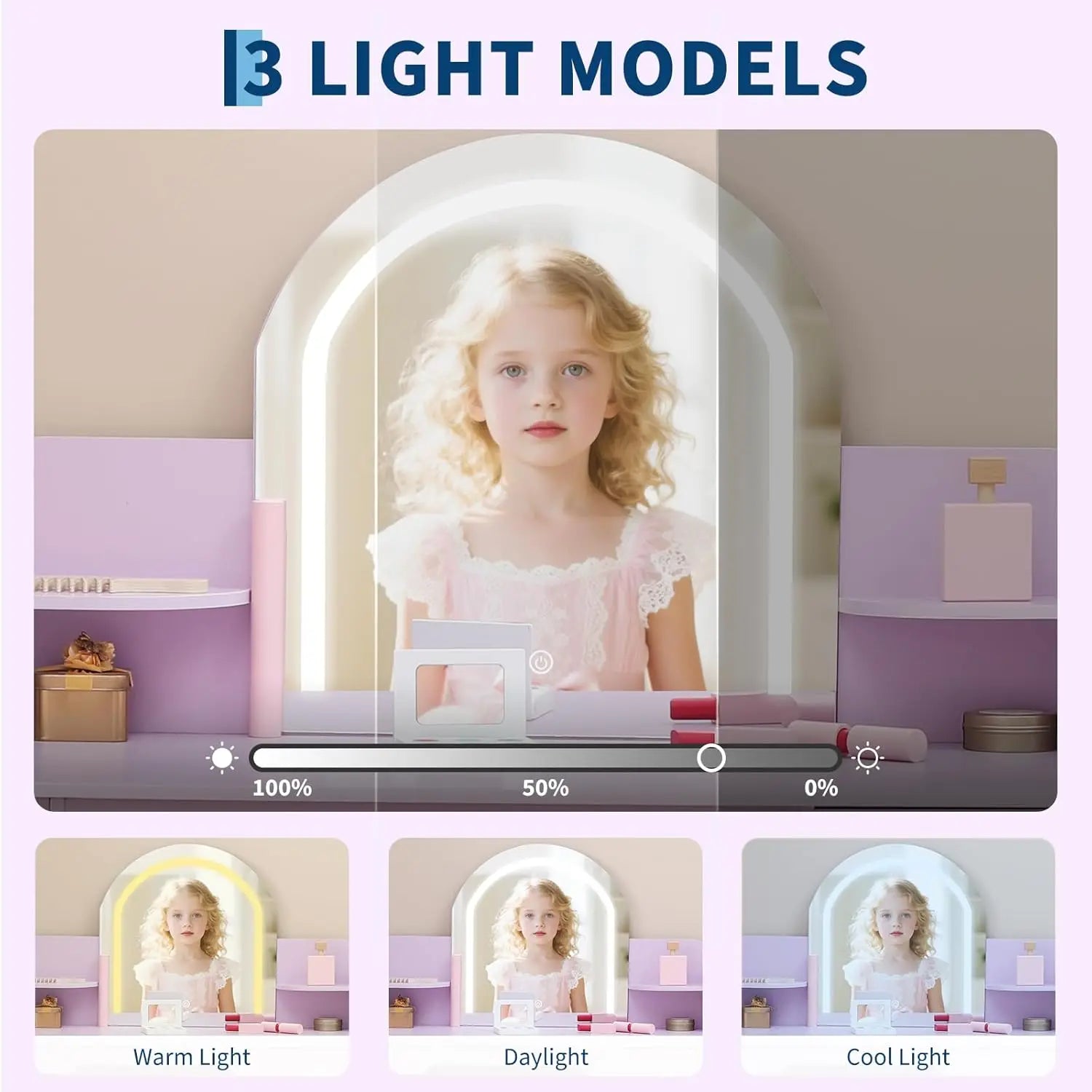 Lighted Princess Vanity Table with Stool Kids Makeup Desk Set Featuring , Drawer & Storage Shelves Girls Room Decor Dressing Table Bedroom Furniture