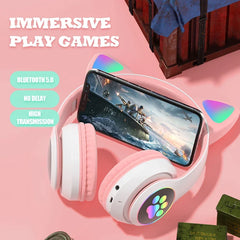 Flash Lamp Cute Cat Ears Headphone Bluetooth5.0 Stereo With Mic Support TF Card Wireless Kids Girl Earphone Birthday Gift