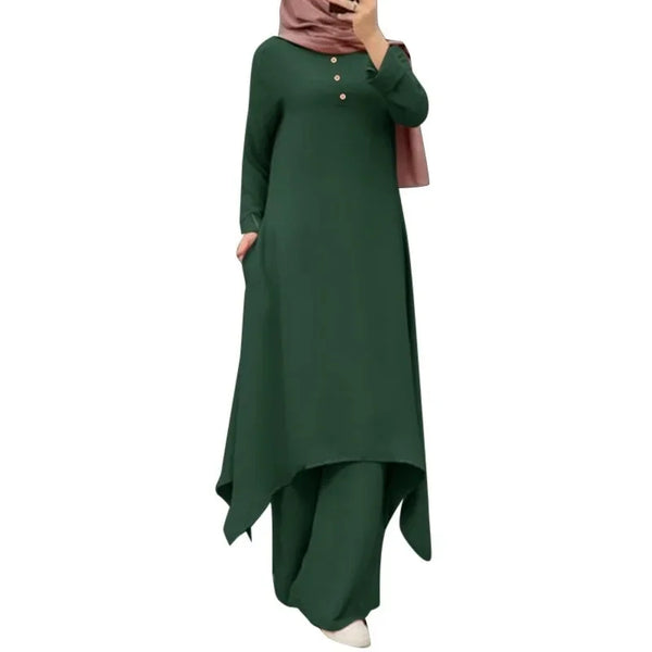 Spring Autumn Hot Sale Of The Season New Muslim Women's Clothing Set Middle East Solid Color round Neck Button Long Sleeve Wide